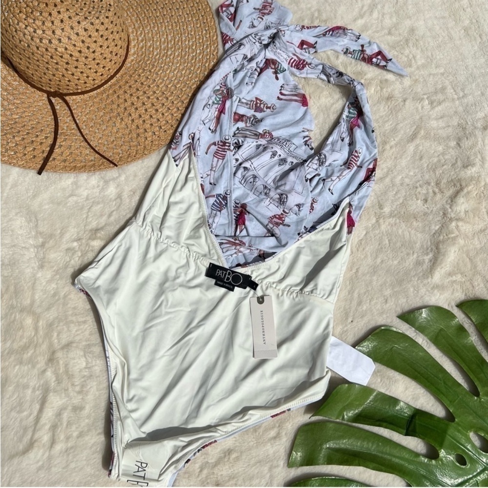 PatBO Rio Print Ruffle Deep V One Piece Swimsuit NWT Brazil Anthro Large - Picture 9 of 12